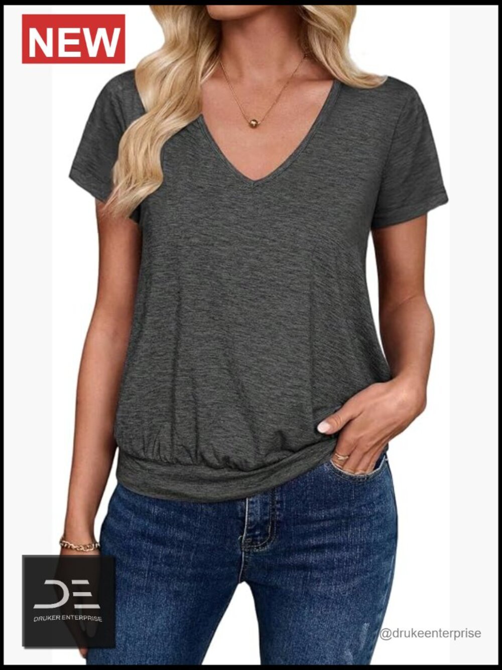 V Neck Short Sleeve T-Shirt with Banded Hem Casual Fit
